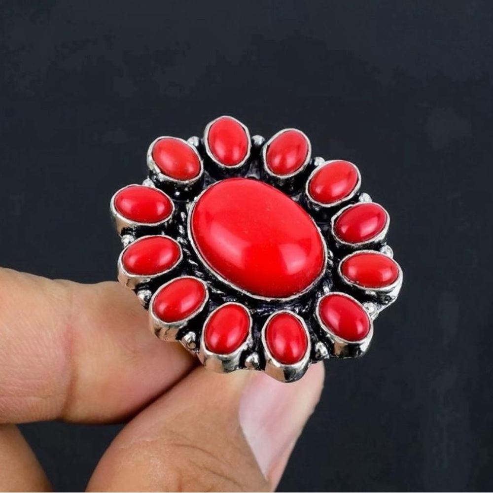 Size 11 Red Coral Cluster 925 Sterling Silver Overlay Ring